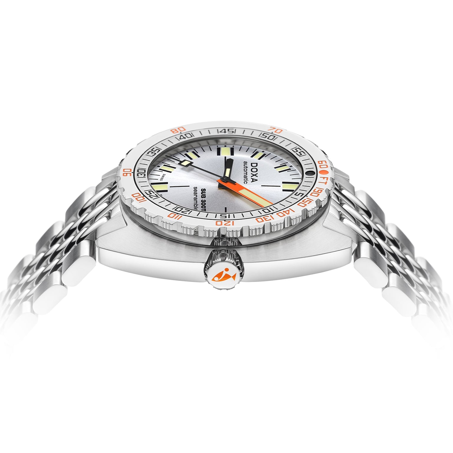 Side view of the DOXA Sub 300T Searambler divers watch with a white and orange dial, scratch-resistant sapphire crystal, rotating bezel, and metal bracelet against a white background.