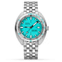 The DOXA Sub 1500T Aquamarine is a silver divers watch with an aquamarine dial, date window at 3 o’clock, Super-LumiNova® coating, and a metal bracelet.