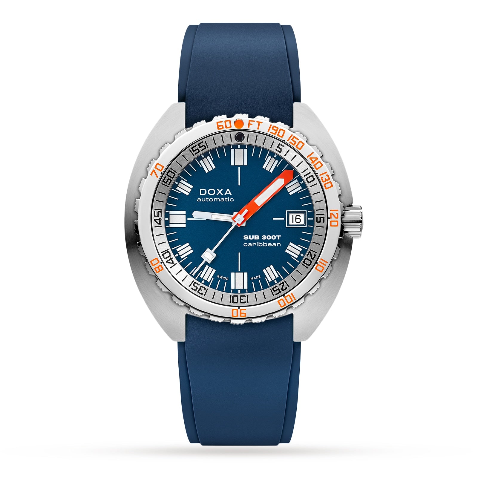 The DOXA Sub 300T Caribbean is a blue diver’s watch with a stainless steel case, unidirectional bezel, date display, blue rubber strap, and helium release valve for depths up to 120 bar.