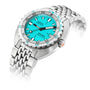 The DOXA Sub 300T Aquamarine is a stainless steel divers watch with an aquamarine dial, silver bezel, metal bracelet, and bold black and white indices and hands.