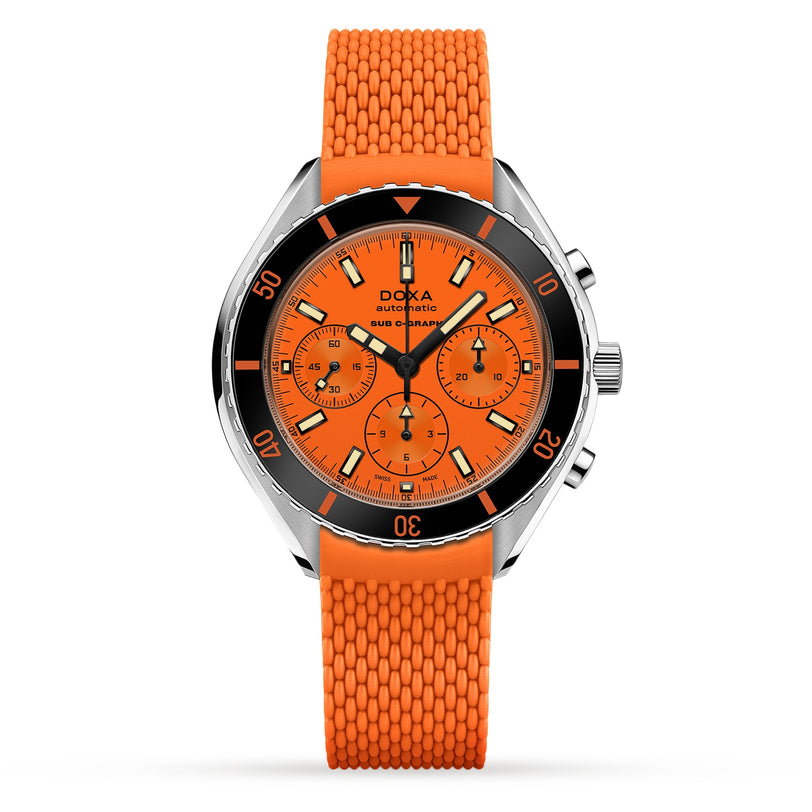The DOXA Sub 200 C-Graph Professional is a diver’s watch with an orange textured strap, orange dial, three subdials, black unidirectional bezel, and silver hour markers and hands for enhanced visibility.