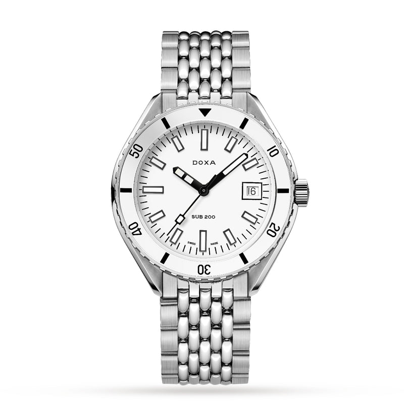 The DOXA Sub 200 Whitepearl is a stainless steel diver’s watch with a white dial, black hour markers, date at 3 o’clock, and a metal link bracelet, shown elegantly against a white background.