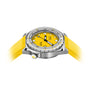 The DOXA SUB 600T Divingstar, featuring a bright yellow face and matching strap, is displayed at an angle on a white background.