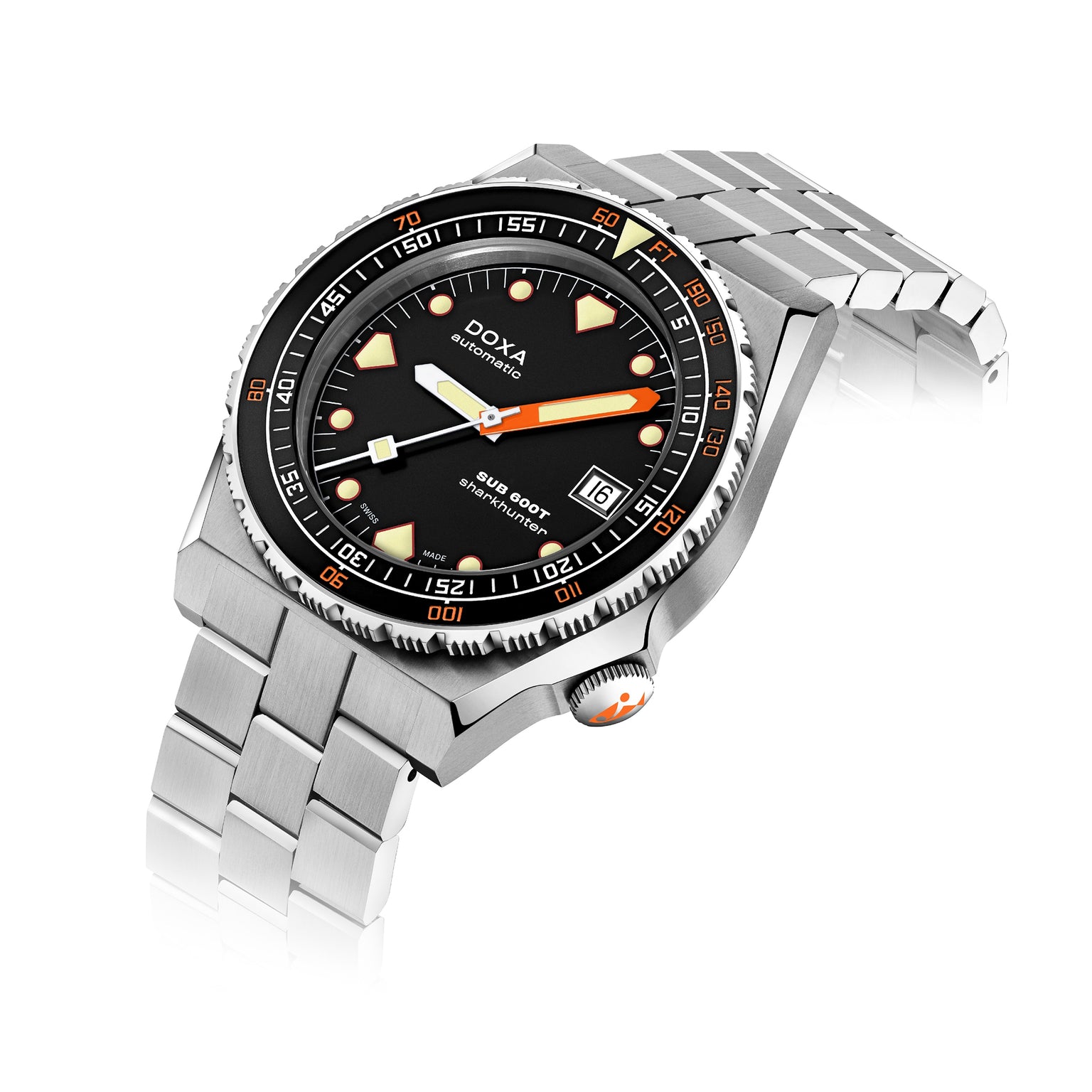 A stainless steel DOXA Sub 600T Sharkhunter dive watch with a black dial, orange accents, date display, and rotating bezel is photographed on a white background.
