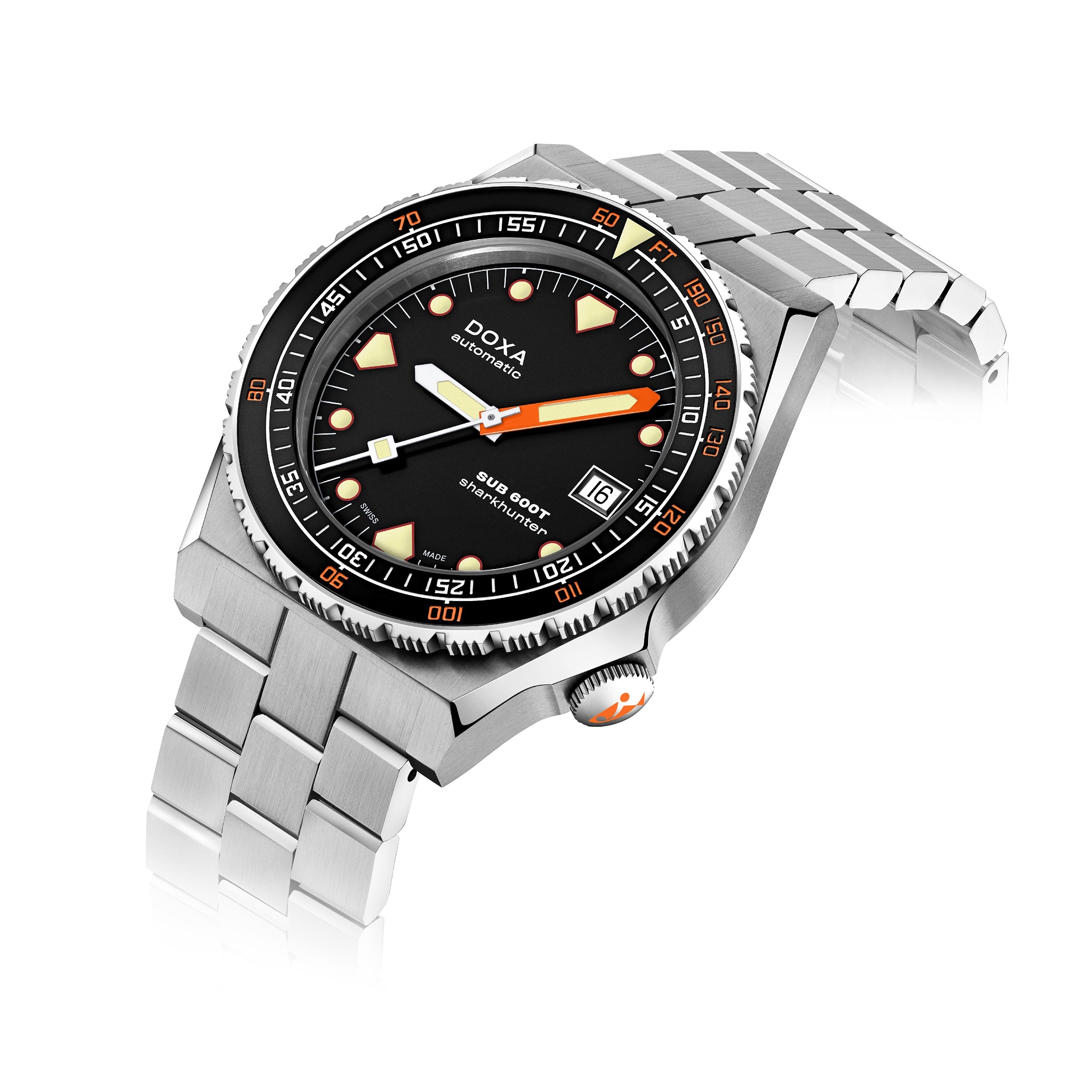 A stainless steel DOXA Sub 600T Sharkhunter dive watch with a black dial, orange accents, date display, and rotating bezel is photographed on a white background.
