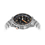 The DOXA Sub 600T Sharkhunter, a stainless steel dive watch with a black dial, orange and white accents, and a metal bracelet, is displayed from a side angle on a white background.