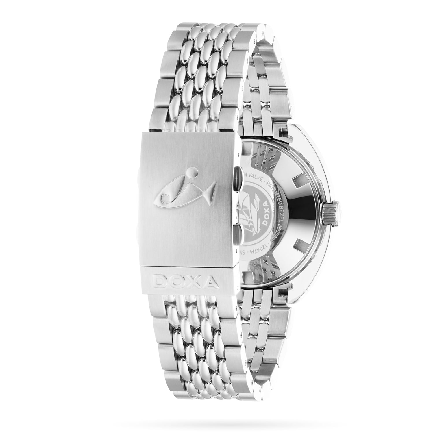 A stainless steel bracelet with a clasp engraved with a fish logo and DOXA, attached to the partially visible DOXA Sub 300T Whitepearl divers watch case.