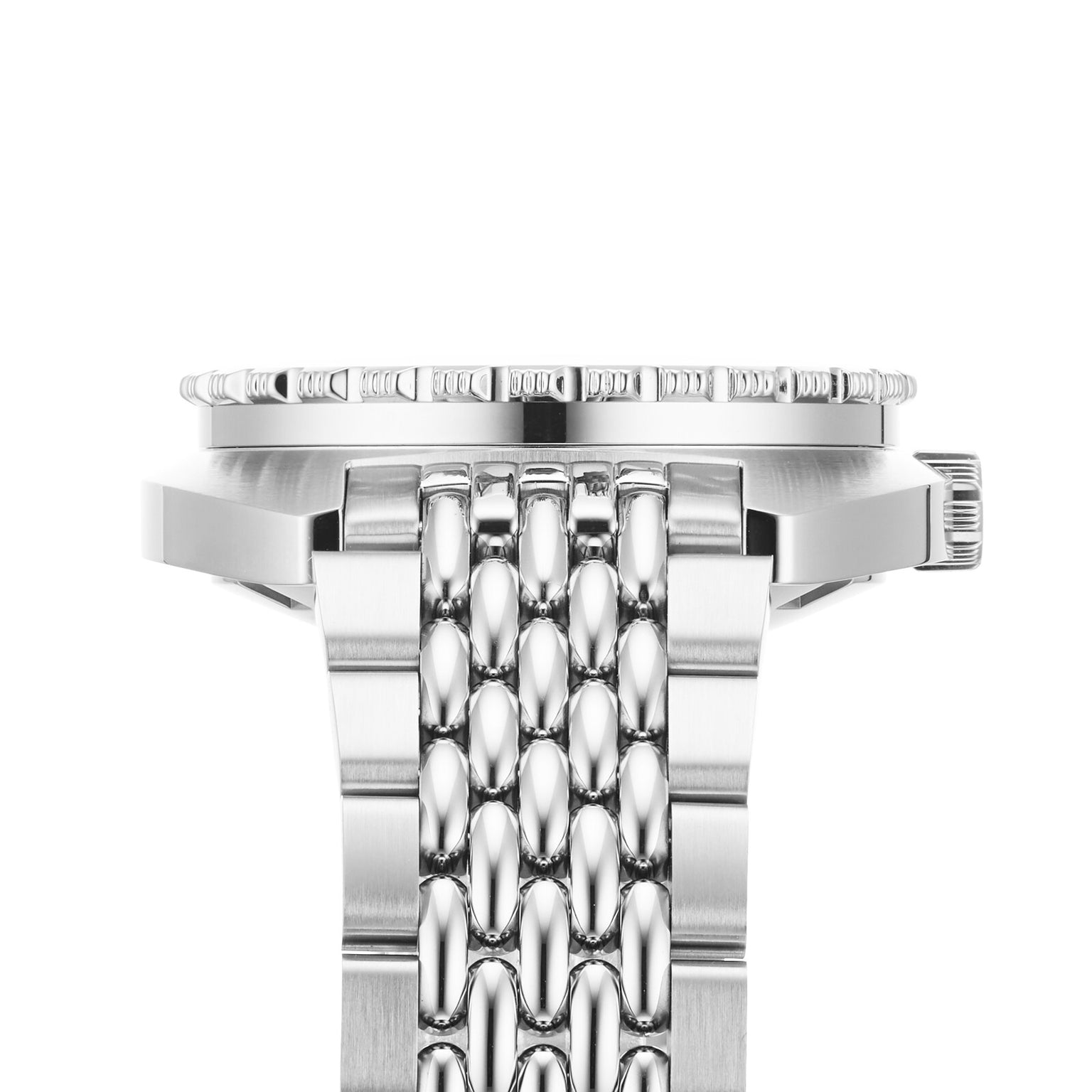 Close-up side view of the DOXA Sub 300T Whitepearl divers watch with a stainless steel link band, textured bezel, visible crown, helium release valve, and detailed case craftsmanship.