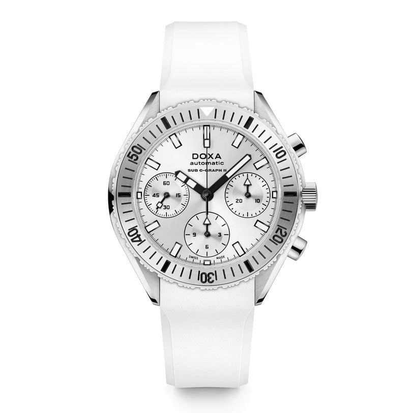 The DOXA Sub 200 C-Graph II Whitepearl is an automatic chronograph with a white dial, three subdials, and a white strap, crafted from 316L stainless steel and shown against a white background.