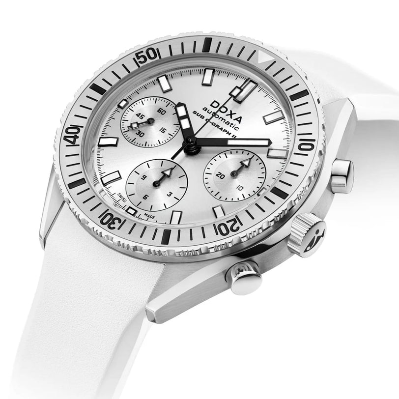 The DOXA Sub 200 C-Graph II Whitepearl is a silver and white 316L stainless steel chronograph wristwatch with three subdials and a white strap, displayed at an angle on a white background.