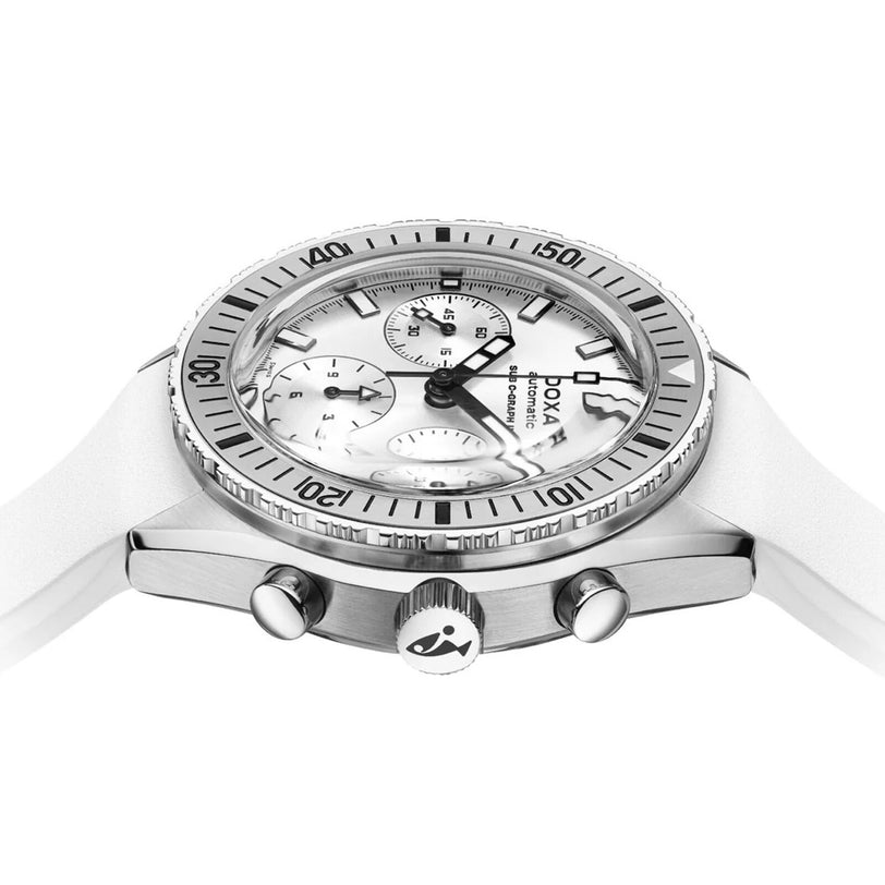 Close-up side view of the DOXA Sub 200 C-Graph II Whitepearl chronograph featuring a white strap, silver 316L stainless steel case, and three subdials on a white dial.