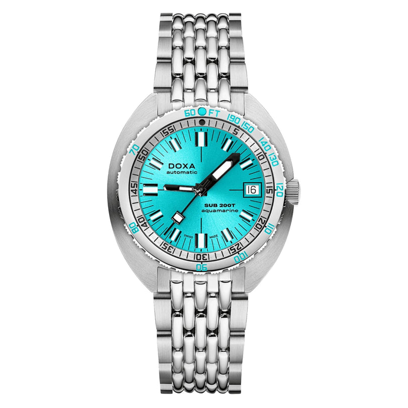 The DOXA Sub 200T Aquamarine features a stainless steel case, turquoise blue dial with black markers, date at 3 o’clock, and a metal link bracelet—an elegant showcase of Swiss watchmaking.