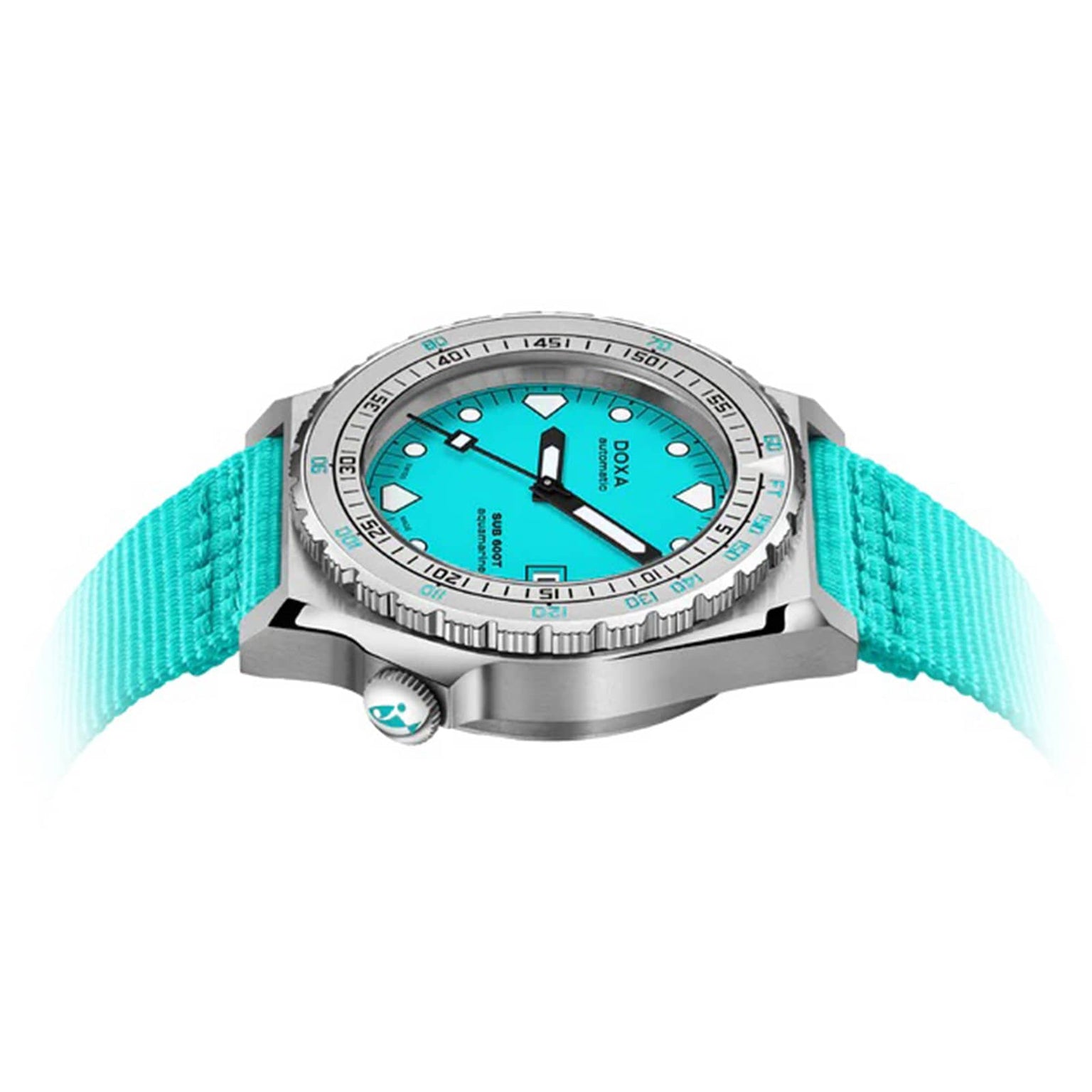 The DOXA Sub 600T Aquamarine is a stainless steel diver’s watch with a turquoise dial and strap, bold hour markers, and a rotating bezel.