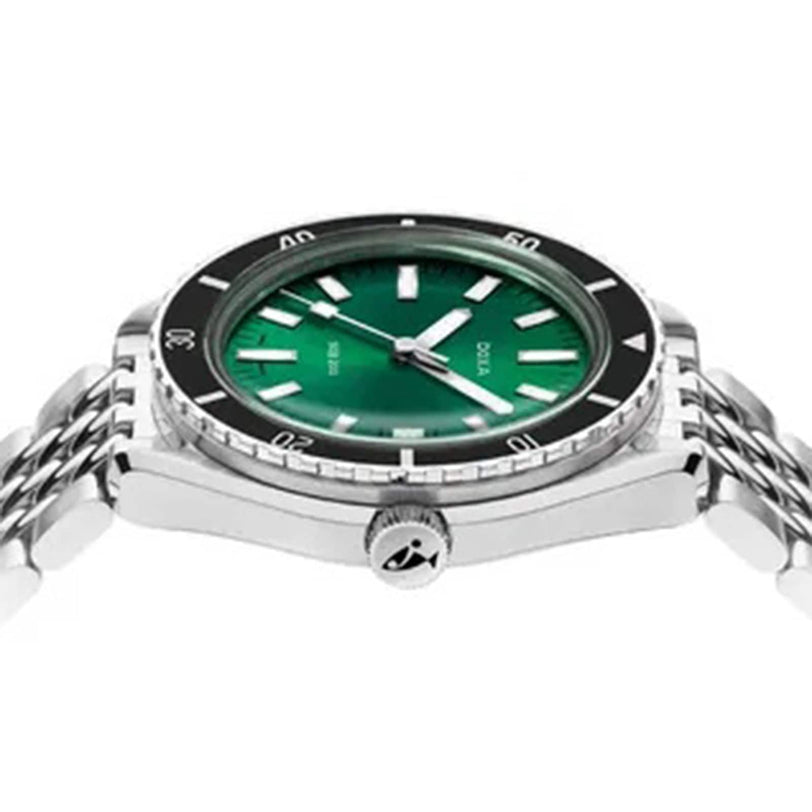 The DOXA Sub 200 Sea Emerald is a silver wristwatch inspired by Swiss watchmaking, featuring a green face, white hour markers, and a black bezel, shown from a side angle.