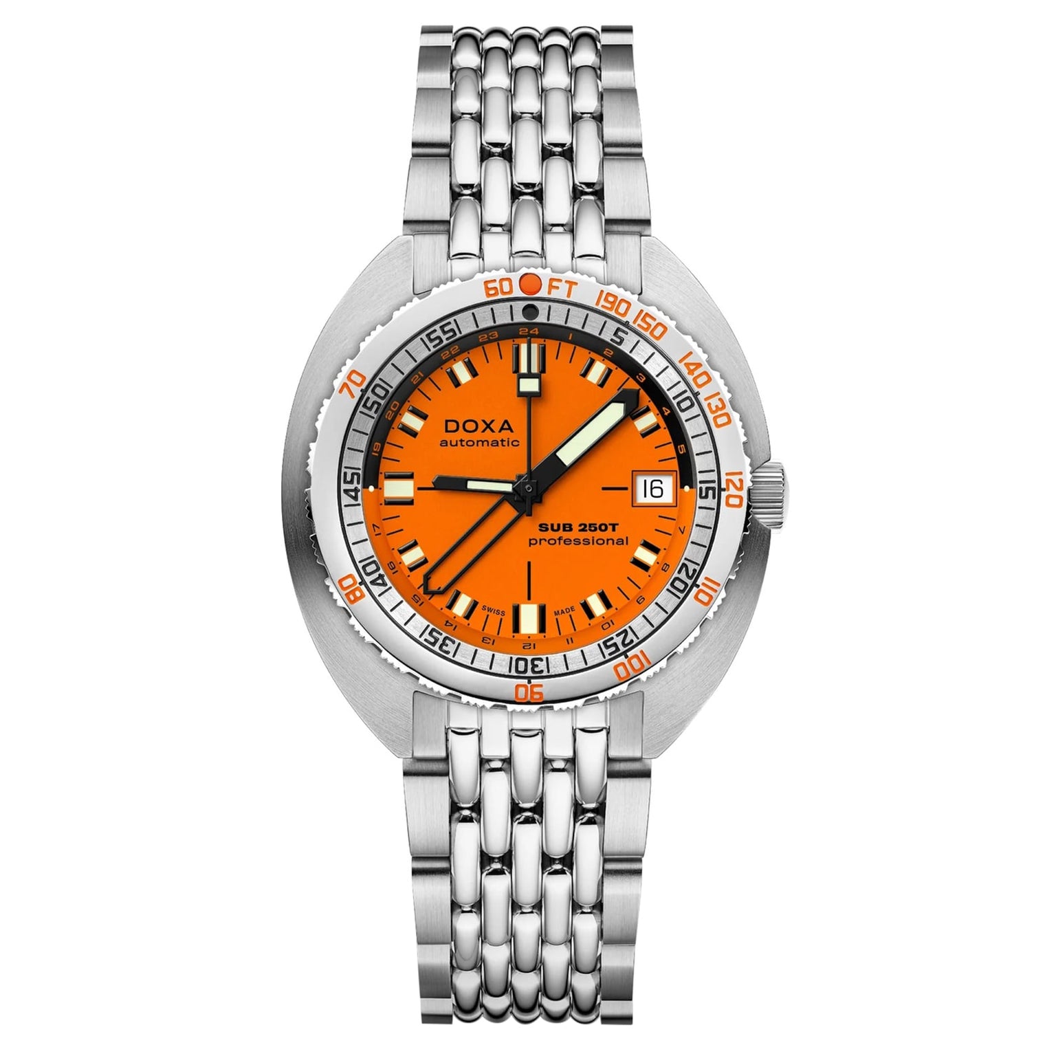 The DOXA SUB 250 GMT Professional is a silver dive watch featuring an orange dial, bold black and white hour markers, and a date window at 3 o’clock.