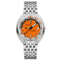 The DOXA SUB 250 GMT Professional is a silver dive watch featuring an orange dial, bold black and white hour markers, and a date window at 3 o’clock.