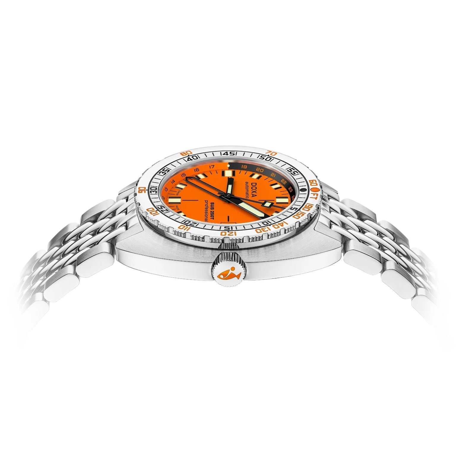 Side view of the DOXA SUB 250 GMT Professional wristwatch featuring an orange dial and a stainless steel bracelet.