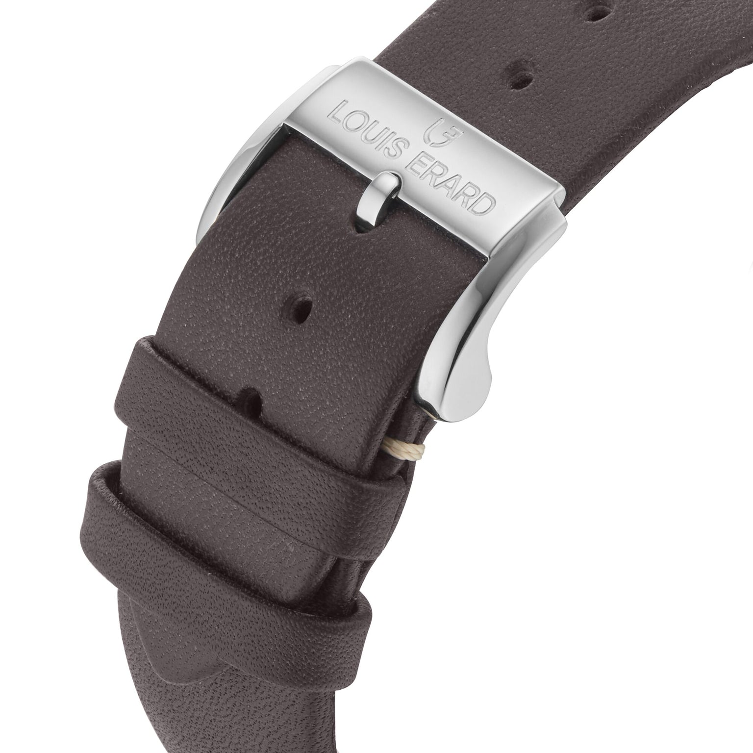 Close-up of a brown leather strap with a silver buckle engraved Louis Erard on the Petite Seconde Terracotta 42 watch.