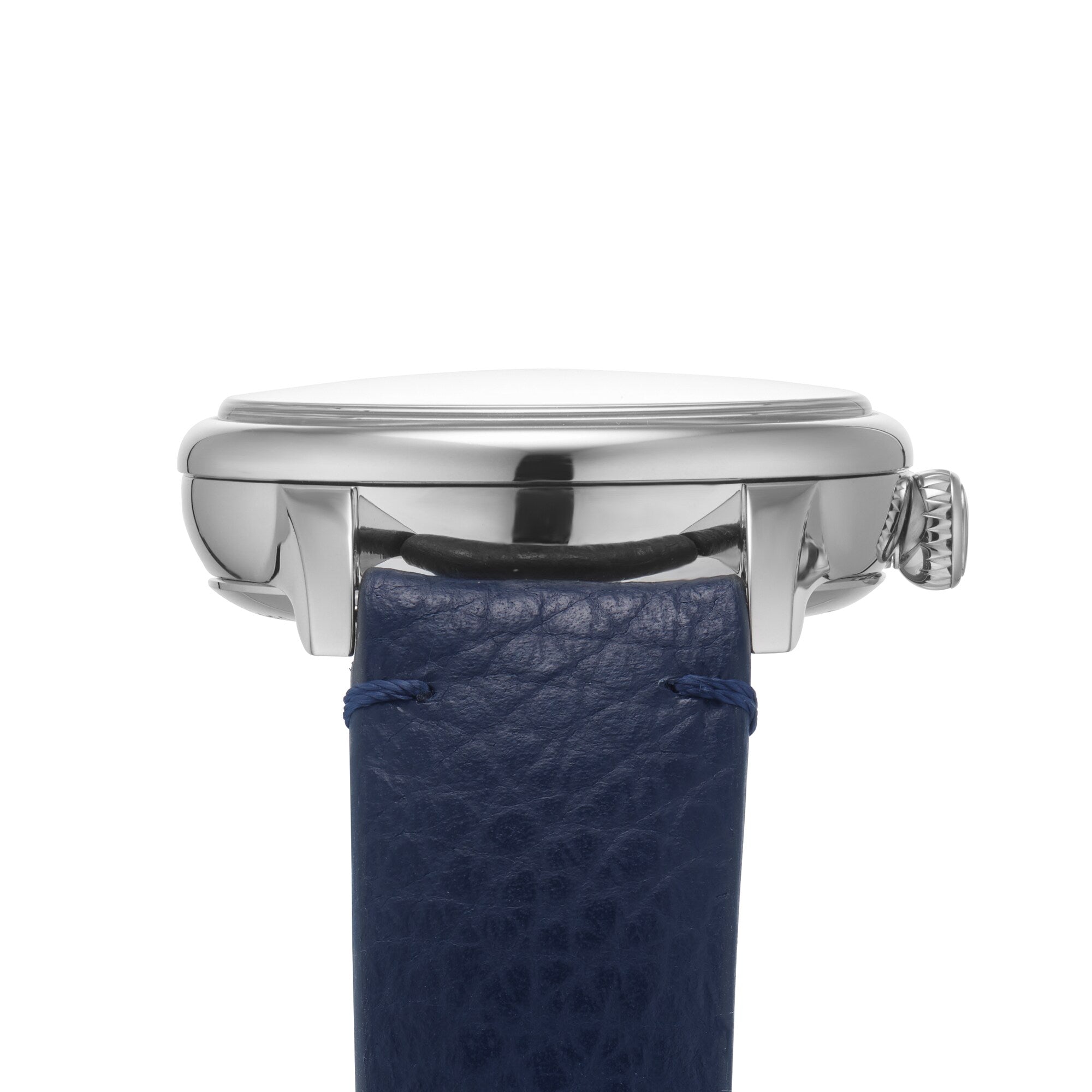 Side view of the Louis Erard Petite Seconde Bleu Nuit, a silver wristwatch with a blue leather strap, set against a white background.