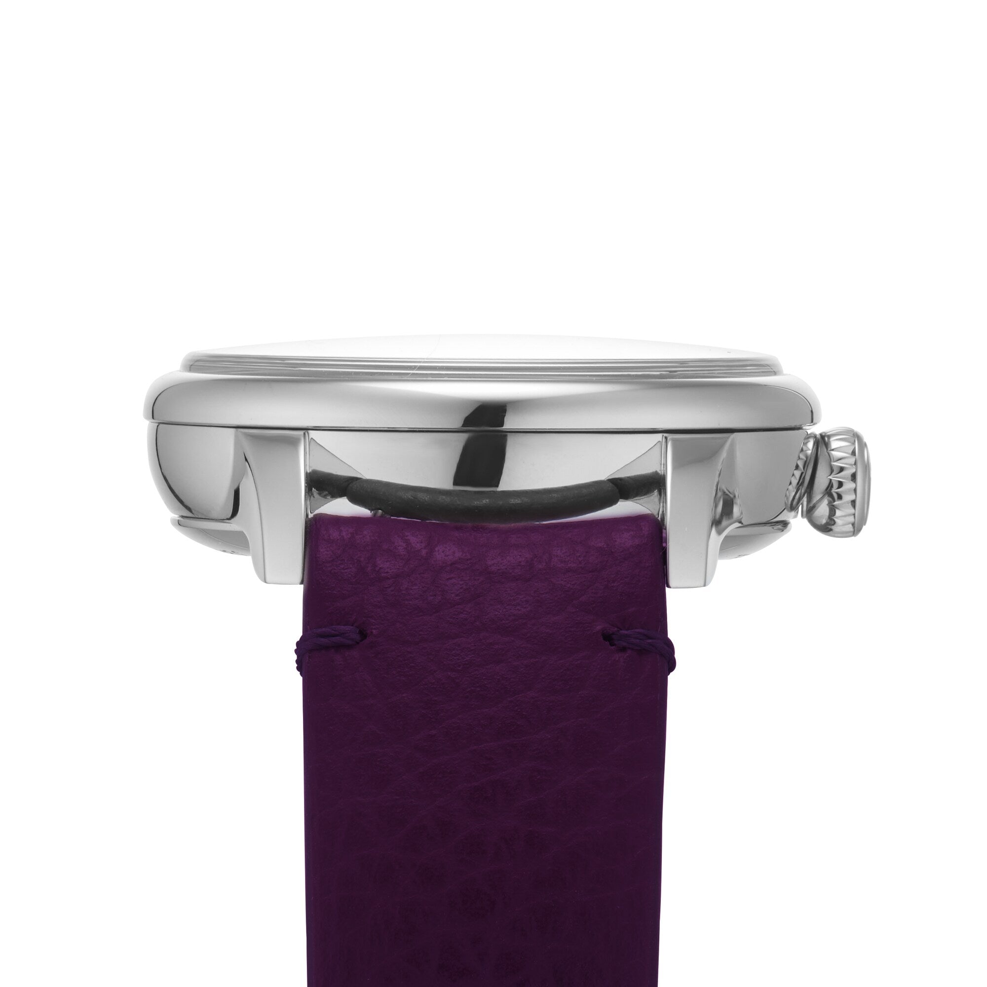 Side view of the Louis Erard Petite Seconde Violette, featuring a silver case and textured purple leather strap, displayed against a white background.