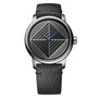 The Louis Erard Guilloché Main II is a wristwatch featuring a geometric black and silver dial and a black textured leather strap.