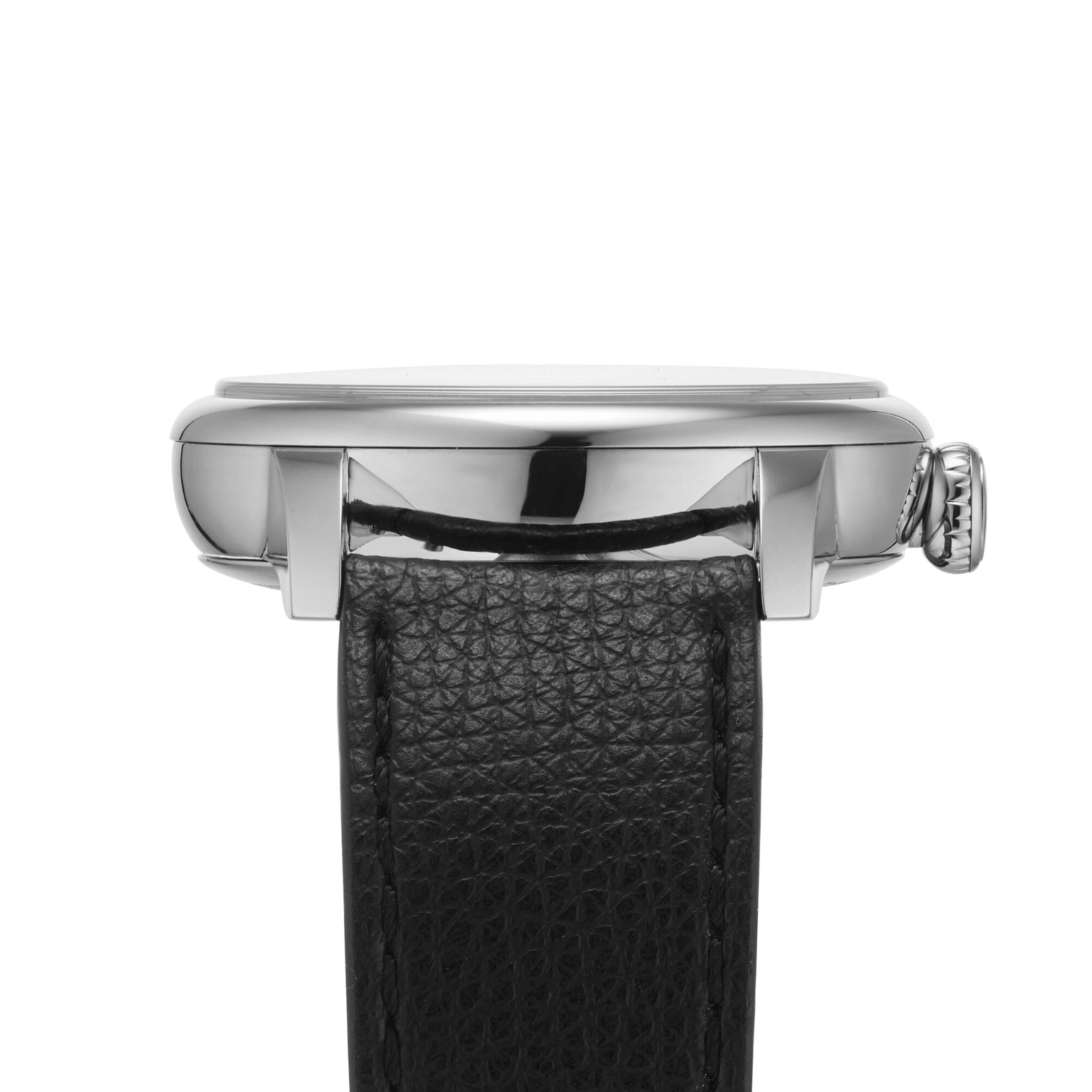 Side view of the Louis Erard Petite Seconde Guilloché Anthracite Black, featuring a silver case, black textured leather strap, and a ridged crown.