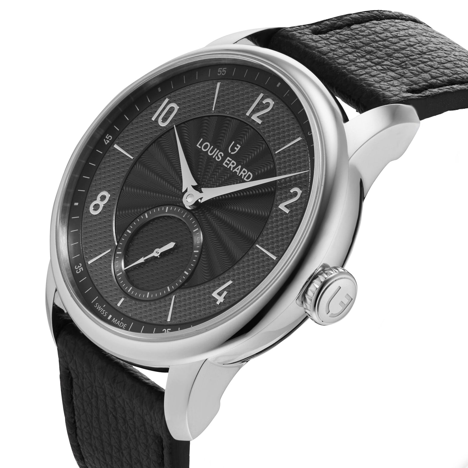The Louis Erard Petite Seconde Guilloché Anthracite Black wristwatch features a textured black dial and a black leather strap.
