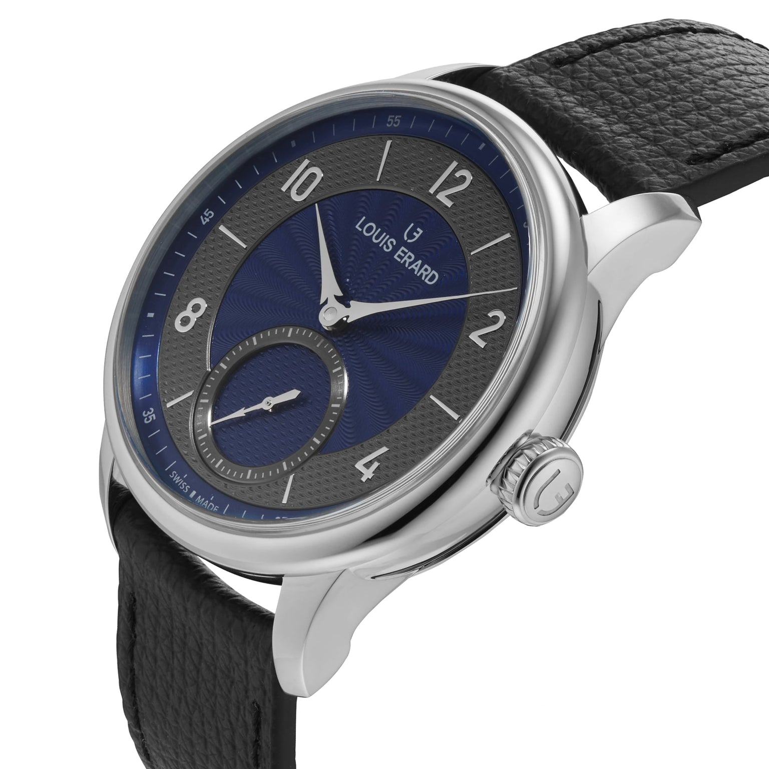 Louis Erard Petite Seconde Guilloché Anthracite Blue wristwatch with a blue and black dial and black leather strap, shown from an angled view.