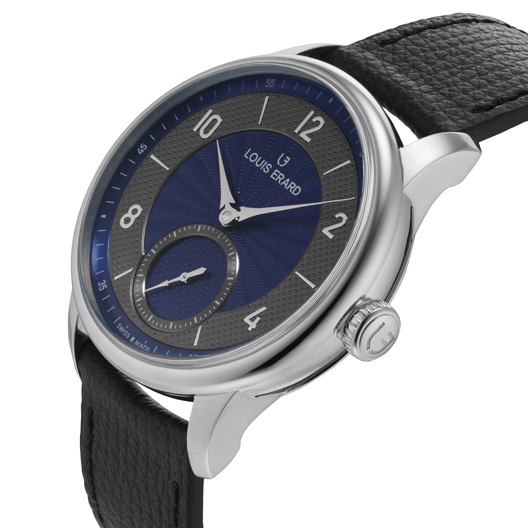 Louis Erard Petite Seconde Guilloché Anthracite Blue wristwatch with a blue and black dial and black leather strap, shown from an angled view.