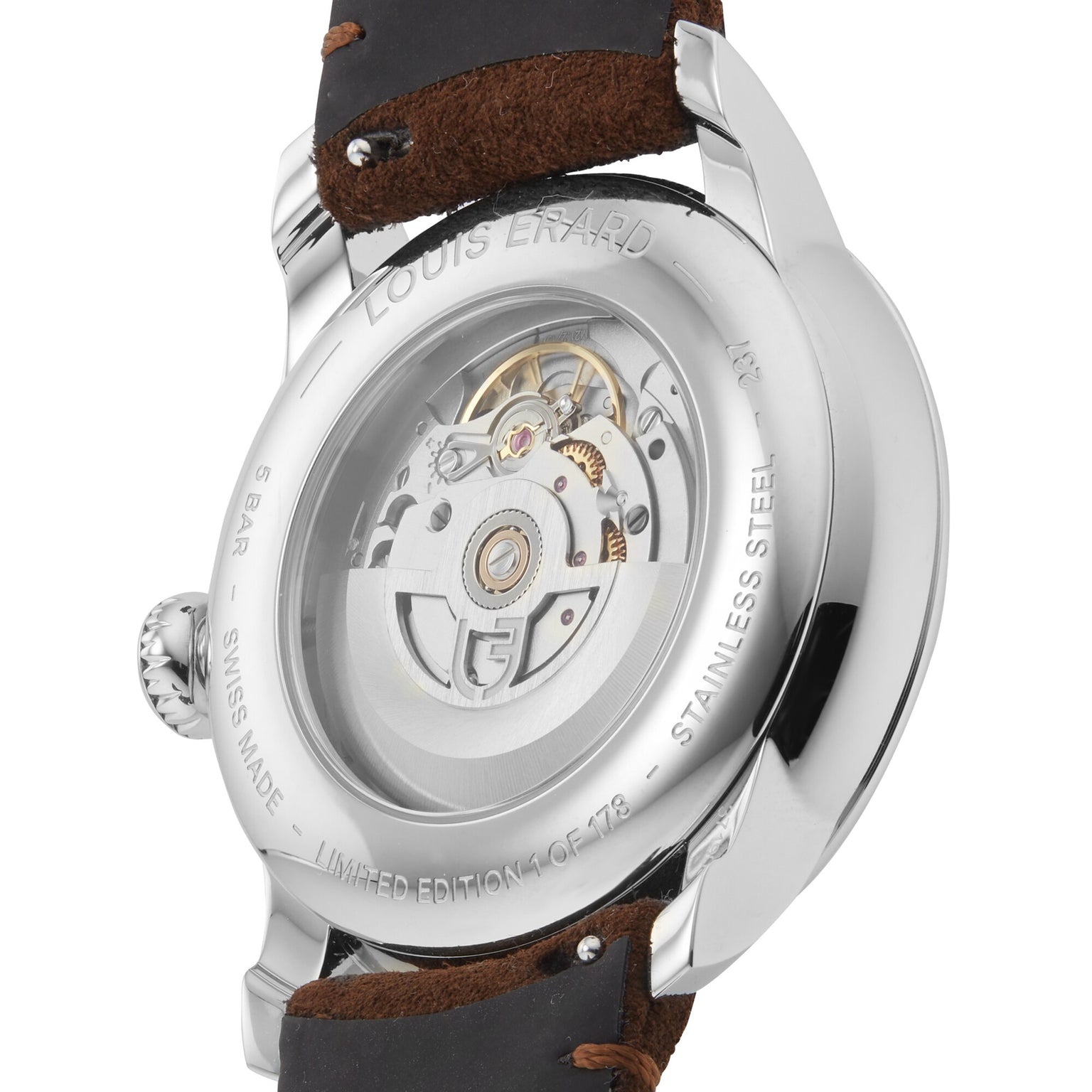 Close-up of the back of the Le Régulateur Louis Erard x seconde/seconde/ watch by Louis Erard, showcasing its mechanical movement and leather strap.