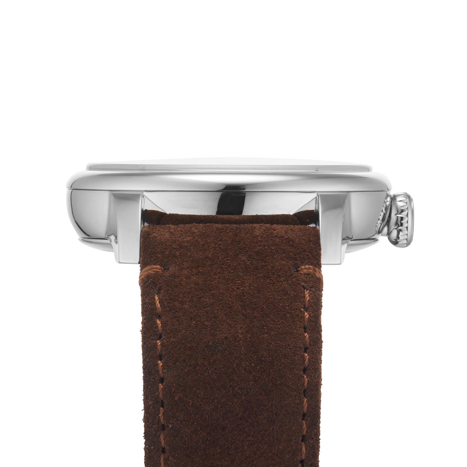 Side view of the Le Régulateur Louis Erard x seconde/seconde/ silver case watch by Louis Erard, featuring a brown suede strap with visible stitching, set against a white background.