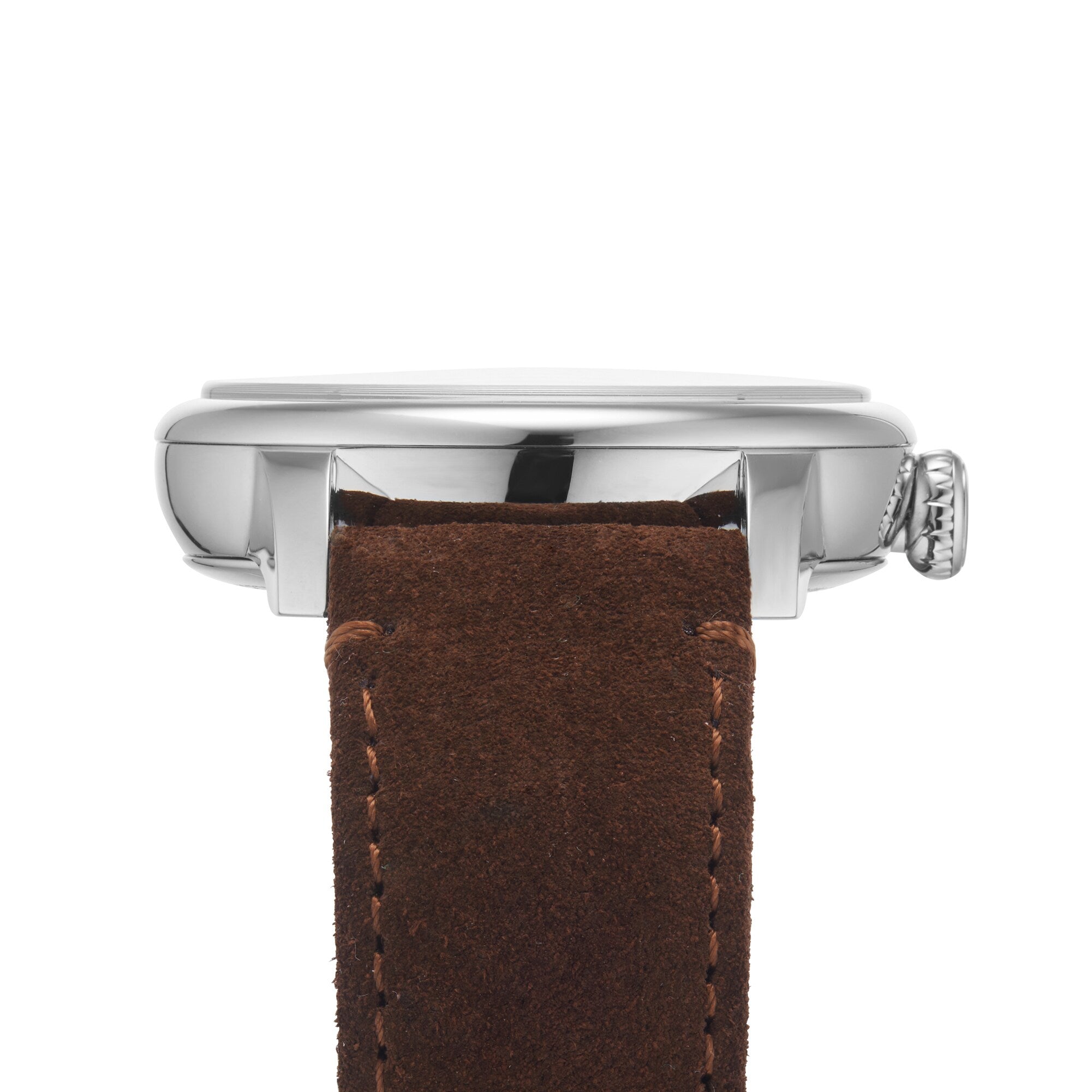 Side view of the Le Régulateur Louis Erard x seconde/seconde/ silver case watch by Louis Erard, featuring a brown suede strap with visible stitching, set against a white background.