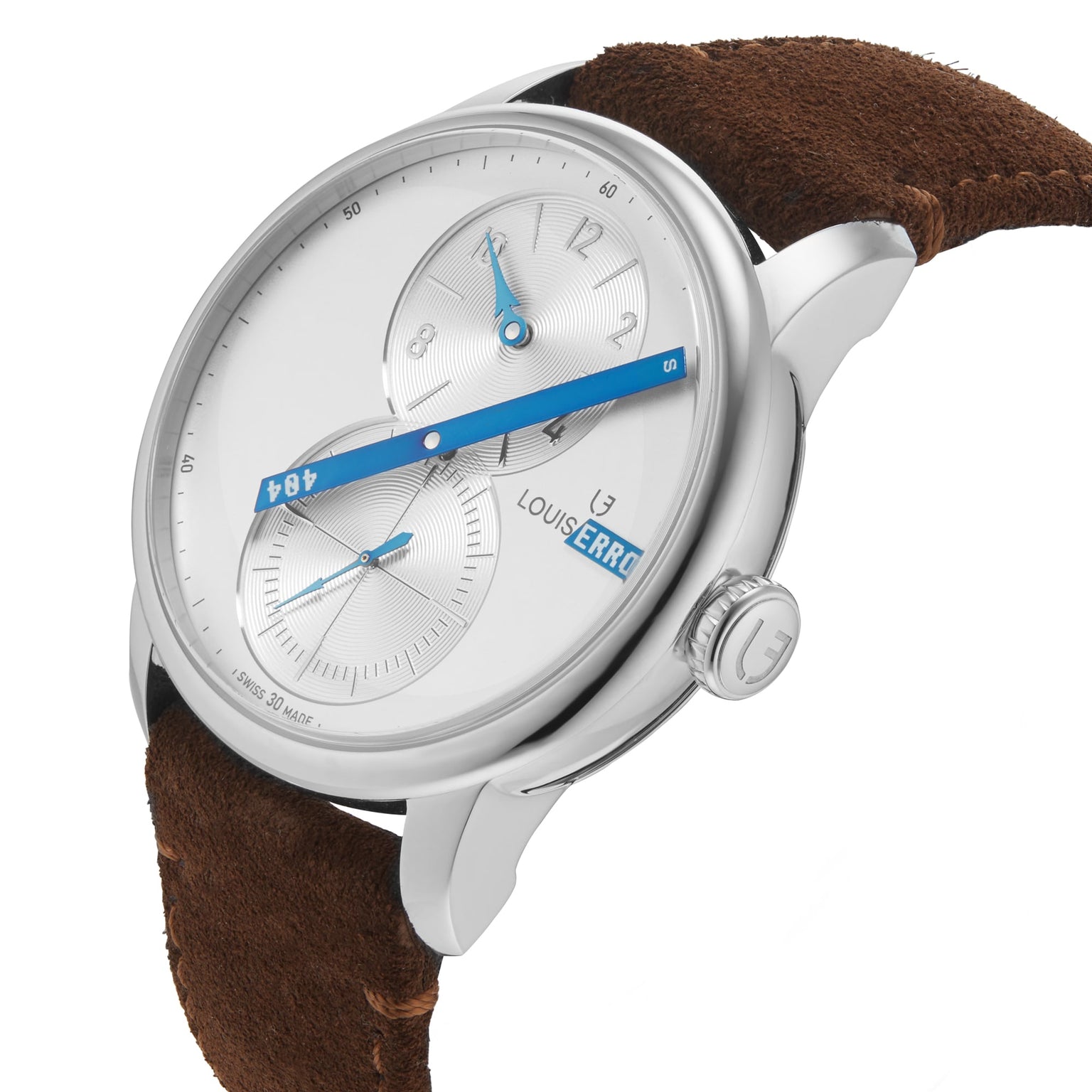 Le Régulateur Louis Erard x seconde/seconde/ by Louis Erard, featuring blue hands, a white dial, and brown suede strap, displayed at an angle on a white background.