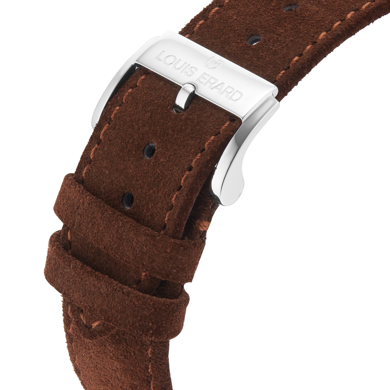 Close-up of a brown suede strap with silver buckle, engraved with Louis Erard, from the Le Régulateur Louis Erard x seconde/seconde/ collection.