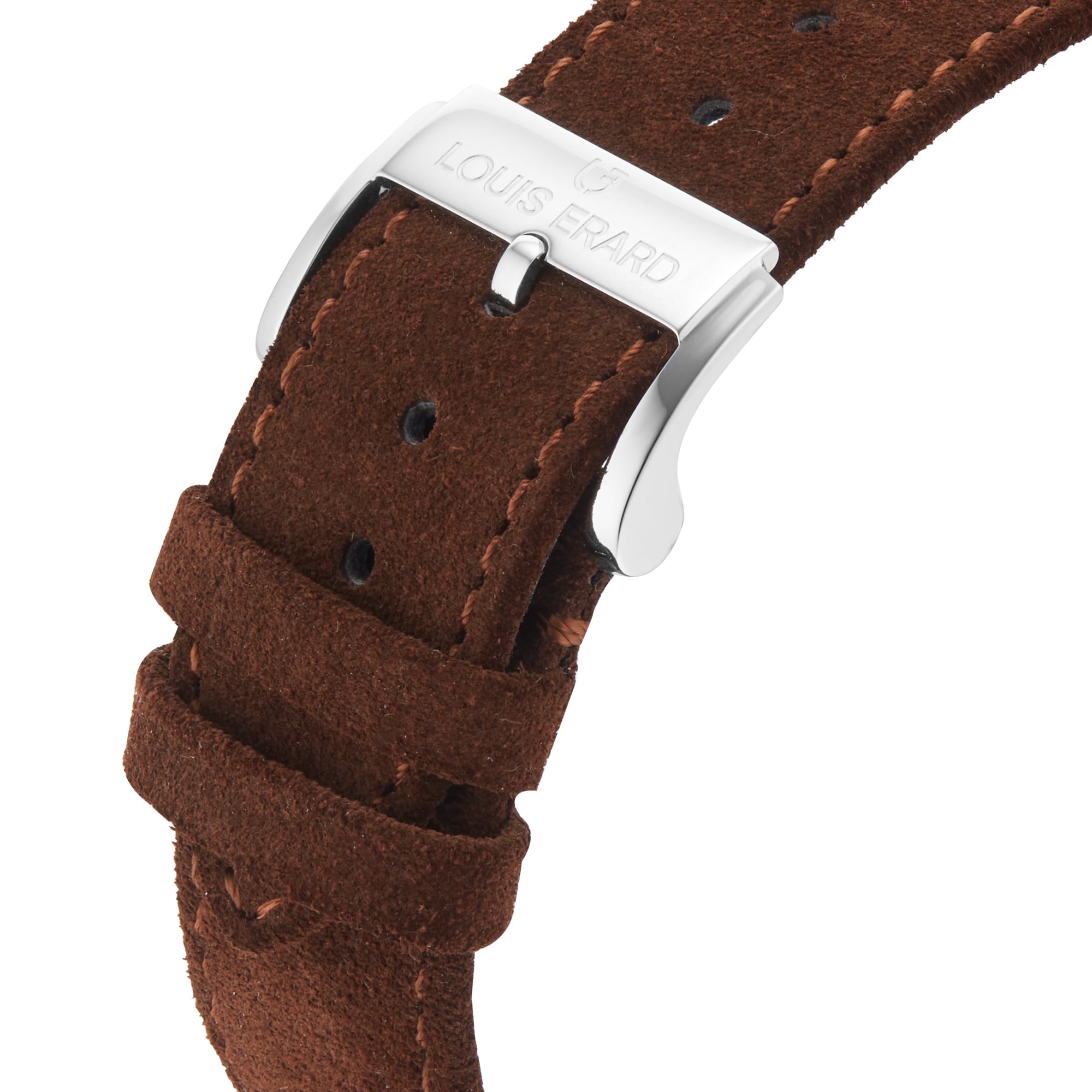 Close-up of a brown suede strap with silver buckle, engraved with Louis Erard, from the Le Régulateur Louis Erard x seconde/seconde/ collection.