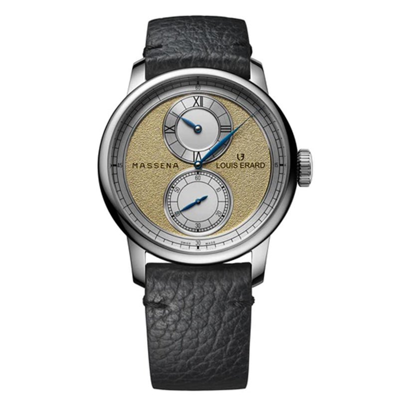 The Louis Erard Le Régulateur Louis Erard x Massena LAB Gold is a luxury wristwatch featuring a textured gold dial, two subdials, and a black leather strap.