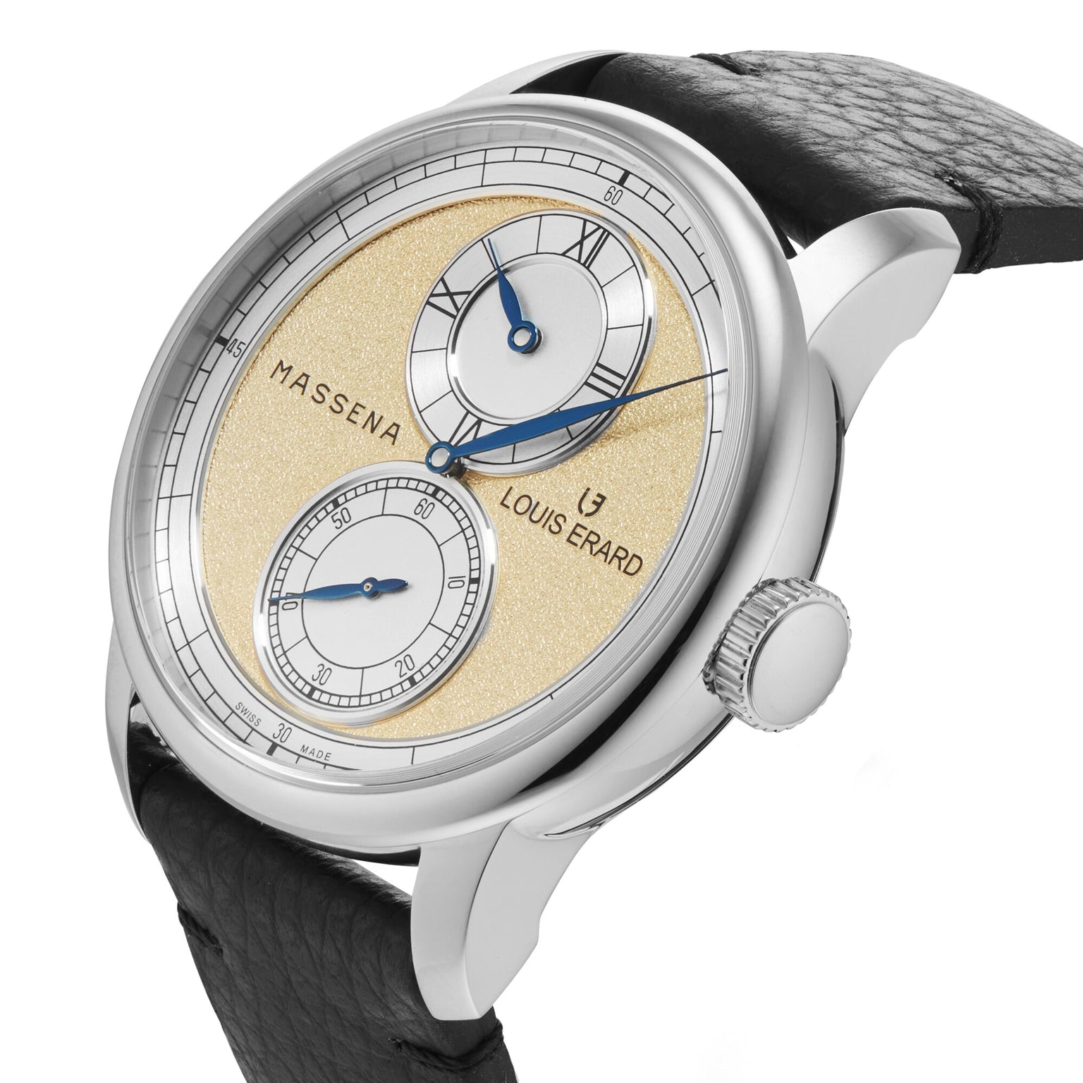 The Le Régulateur Louis Erard x Massena LAB Gold by Louis Erard features a textured gold dial, two subdials, black leather strap, and distinctive branding.