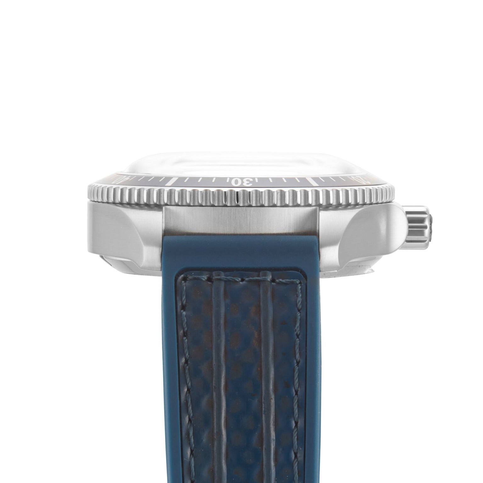 Side view of William Woods Valiant Collection - The Blue Watch, featuring a silver case, ridged bezel, and blue textured strap.