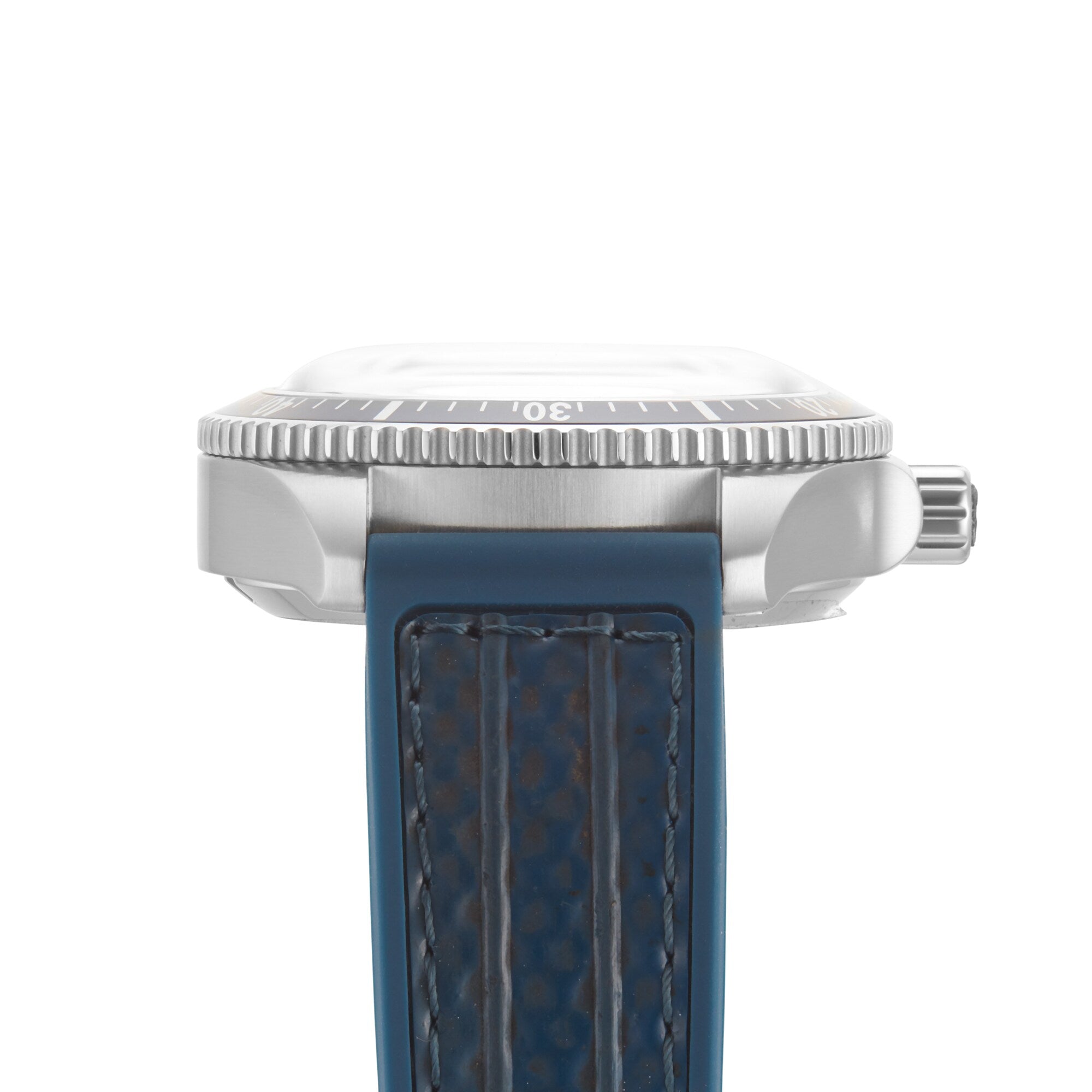 Side view of William Woods Valiant Collection - The Blue Watch, featuring a silver case, ridged bezel, and blue textured strap.