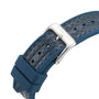 Close-up of the Valiant Collection - The Blue Watch by William Wood, featuring a blue strap and a silver buckle engraved with the brands name.