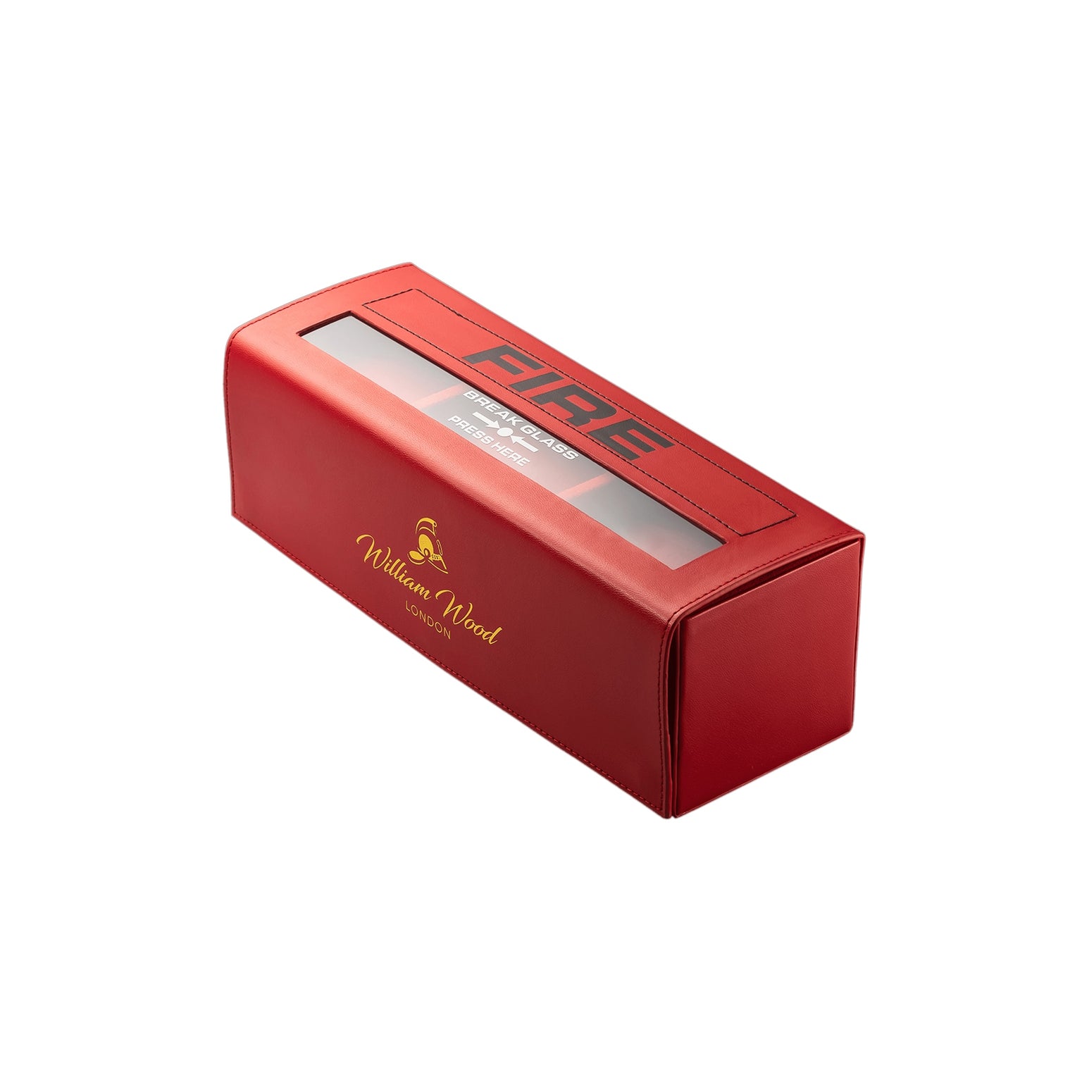 Red rectangular box with a transparent window and FIRE text on top, featuring the William Wood logo on the side; packaging for the Triumph Collection - Oxygen Edition by William Wood.