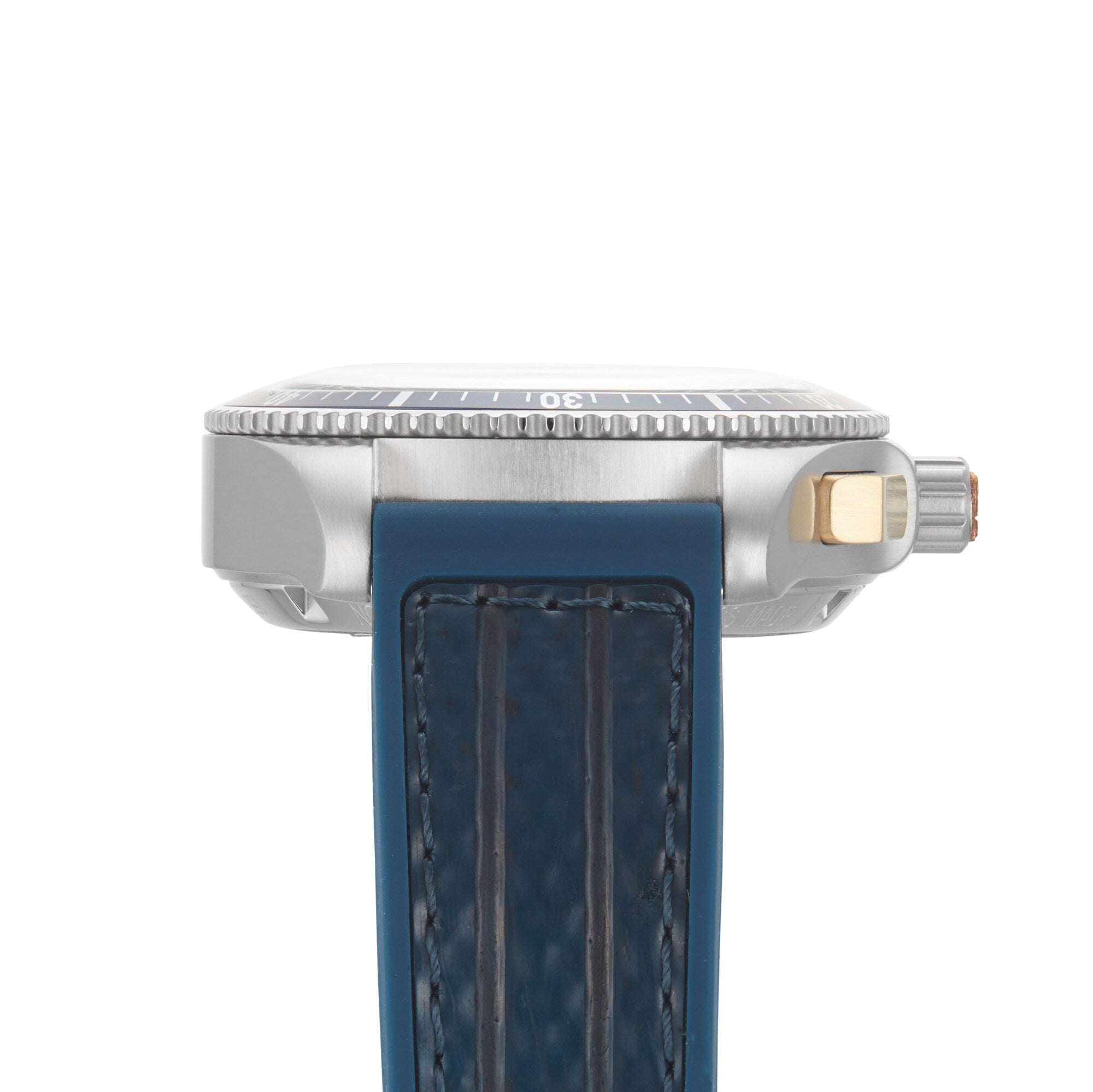 Side view of the William Wood Triumph Collection - Oxygen Edition wristwatch, showcasing a blue strap, silver case, and a gold-accented crown.
