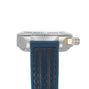 Side view of the William Wood Triumph Collection - Oxygen Edition wristwatch, showcasing a blue strap, silver case, and a gold-accented crown.