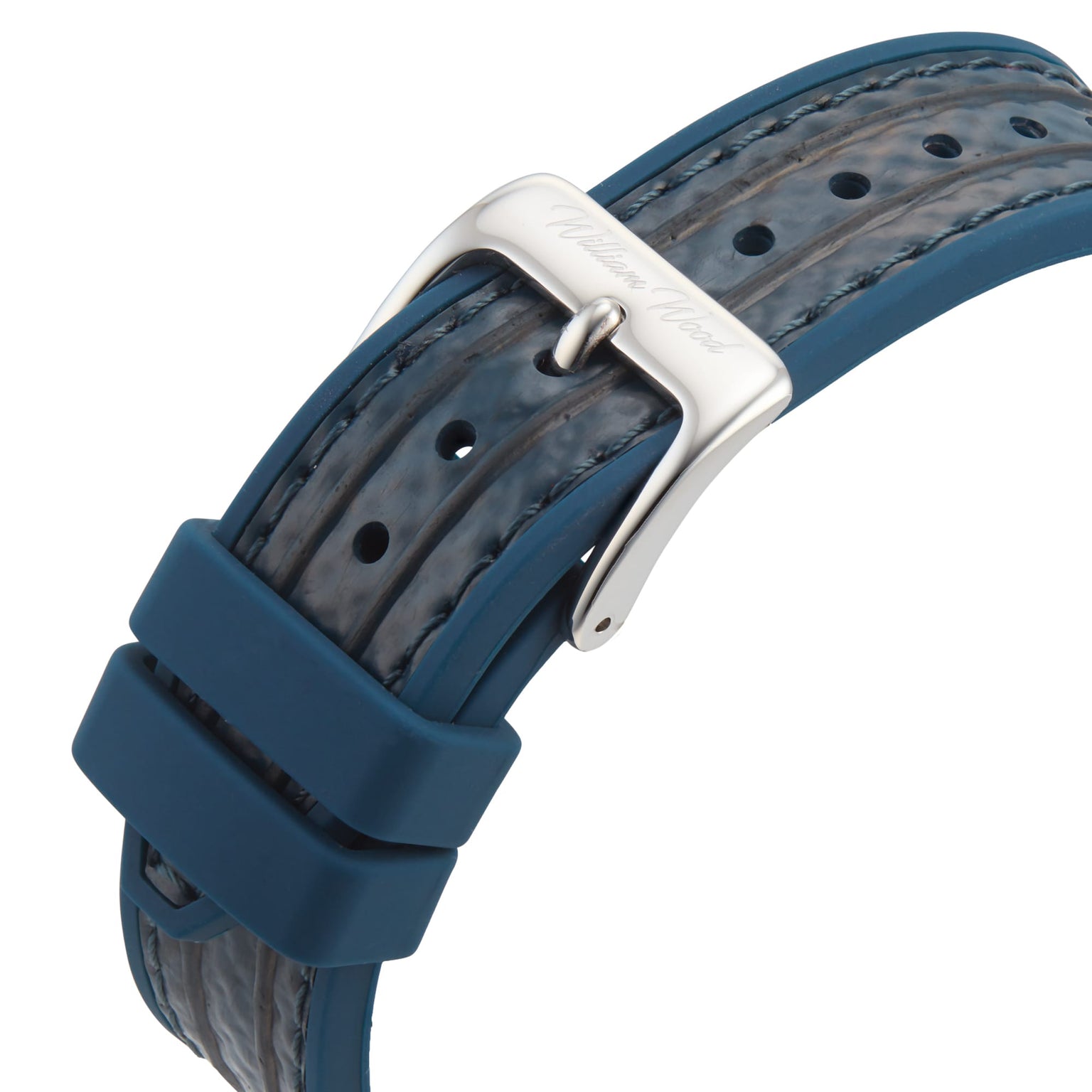 The William Wood Triumph Collection - Oxygen Edition features a blue and gray textured watch strap with a silver buckle and two keepers, displayed on a white background.