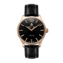 The William Wood Chivalrous Collection - Rose Gold features a gold wristwatch with a black leather strap, black dial, Roman numeral XII, and gold accents.