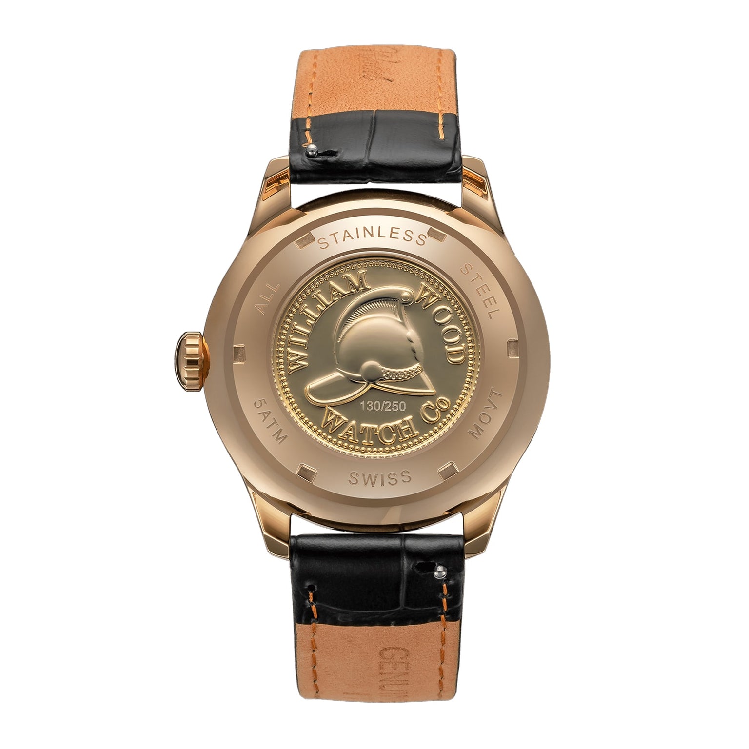 The William Wood Chivalrous Collection - Chocolate features a gold case back engraved with WILLIAM WOOD WATCH CO and a helmet, paired with a black and tan leather strap.