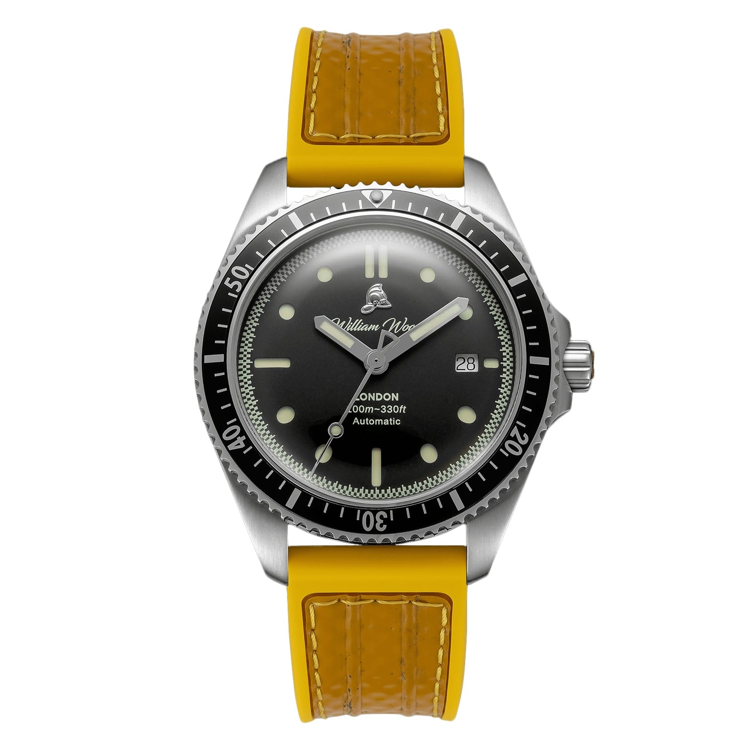 The William Wood Valiant Collection - The Black Watch features a silver case, black dial, yellow strap, and date window, displaying the time at 10:10.