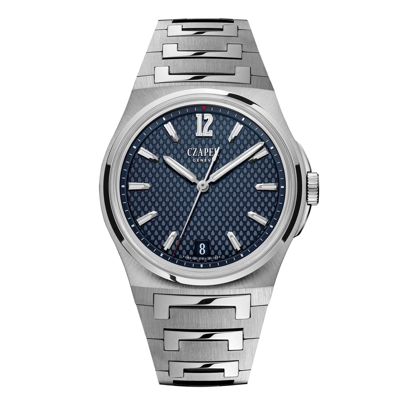 The Czapek Antarctique Passage de Drake Deep Blue is a stainless steel wristwatch with a blue textured dial, silver hands, and a date window at 6 oclock.