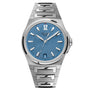 Czapek Antarctique Passage de Drake Glacier Blue wristwatch featuring a silver case, blue textured dial, silver hour markers, and a date window at 6 oclock.
