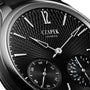 Close-up of the Czapek Quai des Bergues N°17 Double Soleil Tuxedo Black luxury watch, featuring a textured black dial and silver hour markers.